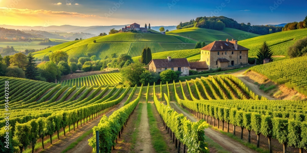 Naklejka premium Picturesque European vineyard landscape with rolling hills, lush grapevines, rustic architecture, and clear sky
