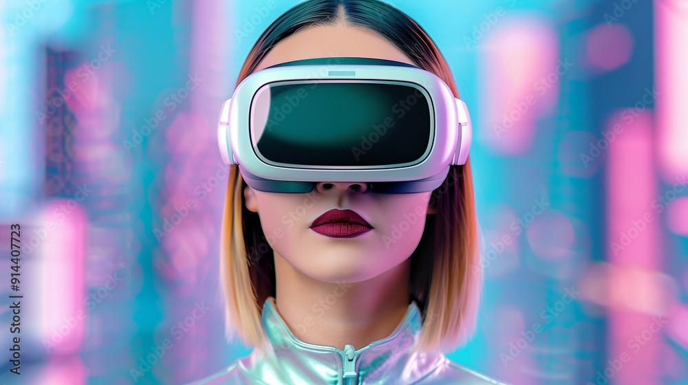 Virtual reality headset worn by a young woman in a futuristic setting. Exploring technology and immersive experiences in a vibrant digital world. Advanced virtual reality technology Virtual reality headset worn by a young woman in a futuristic setting. Exploring technology and immersive experiences in a vibrant digital world. Advanced virtual reality technology