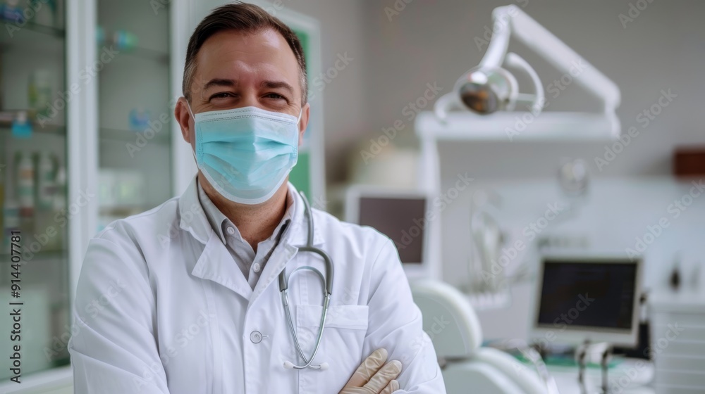 Smiling dentist with surgical mask standing in dental office Smiling dentist with surgical mask standing in dental office