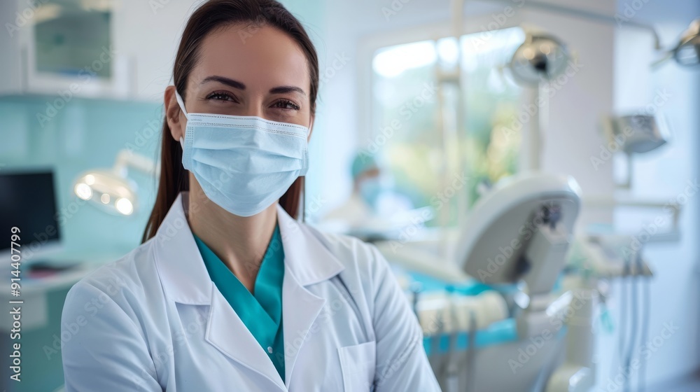 Smiling dentist with surgical mask standing in dental office Smiling dentist with surgical mask standing in dental office