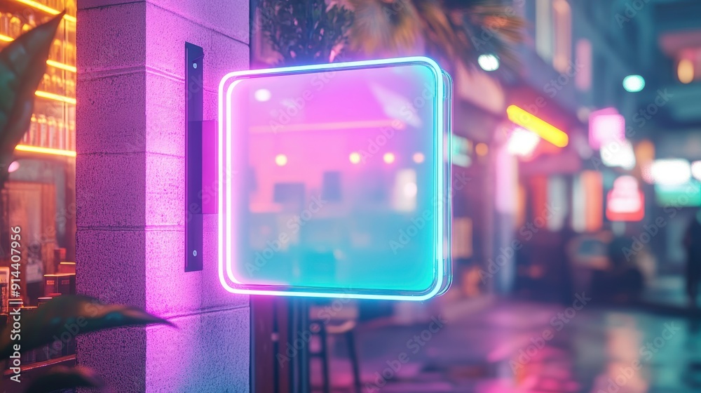 A vibrant neon sign glows in a rainy street, illuminating the nighttime scene with colorful reflections and modern ambiance.