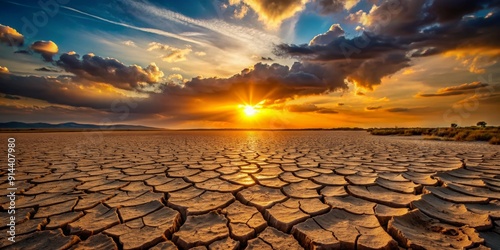 Cracked Earth Sunset, Golden Hour Landscape Photography, Dry Soil, Drought, Climate Change , sunset, landscape