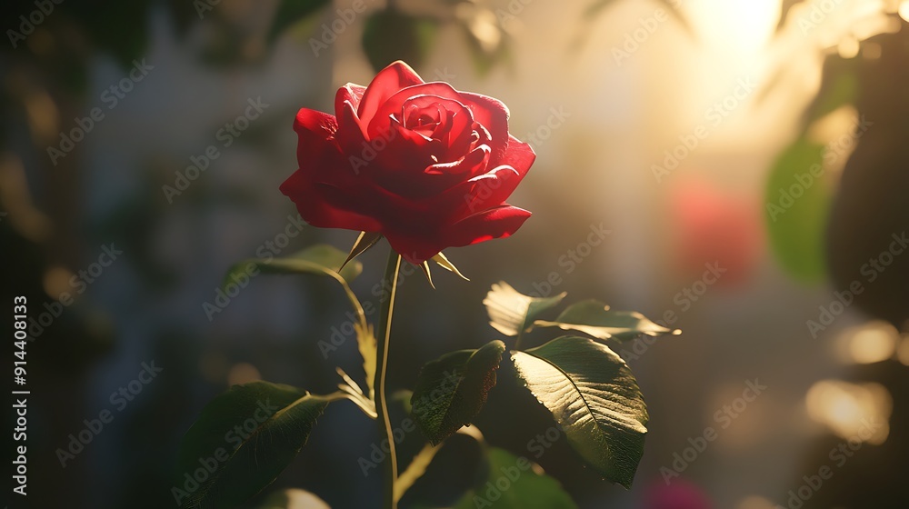 Obraz premium Single Red Rose with Green Leaves and Sunlit Background