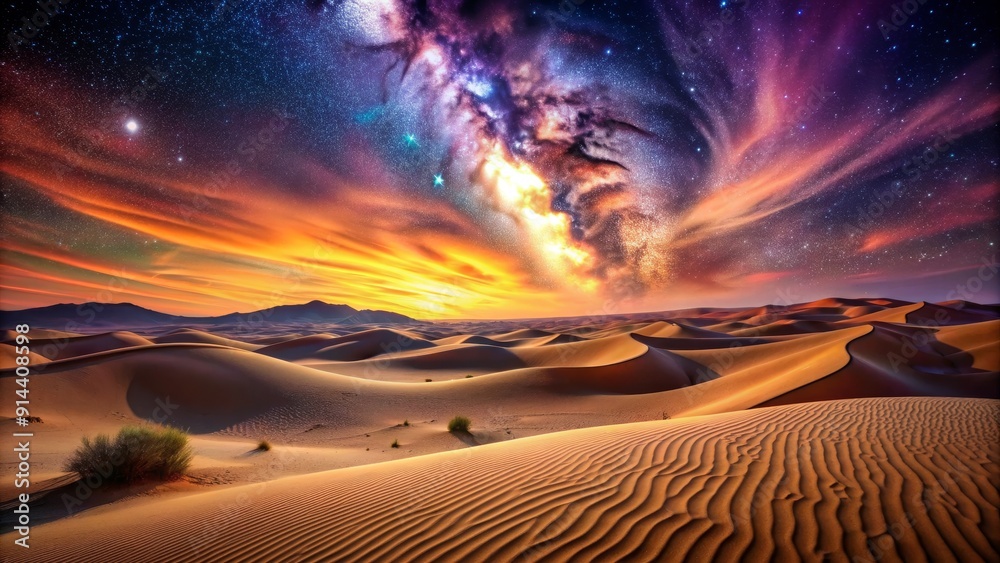 Naklejka premium Desert Sands Under a Milky Way Sky, desert, milkyway, starry sky, night sky