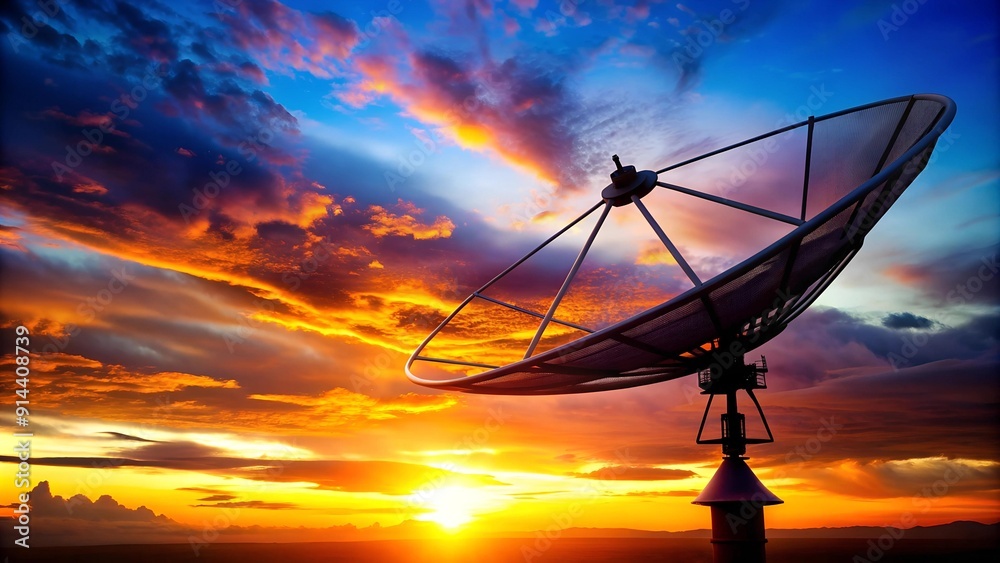 Silhouetted Satellite Dish Against a Fiery Sunset generative AI Silhouetted Satellite Dish Against a Fiery Sunset generative AI