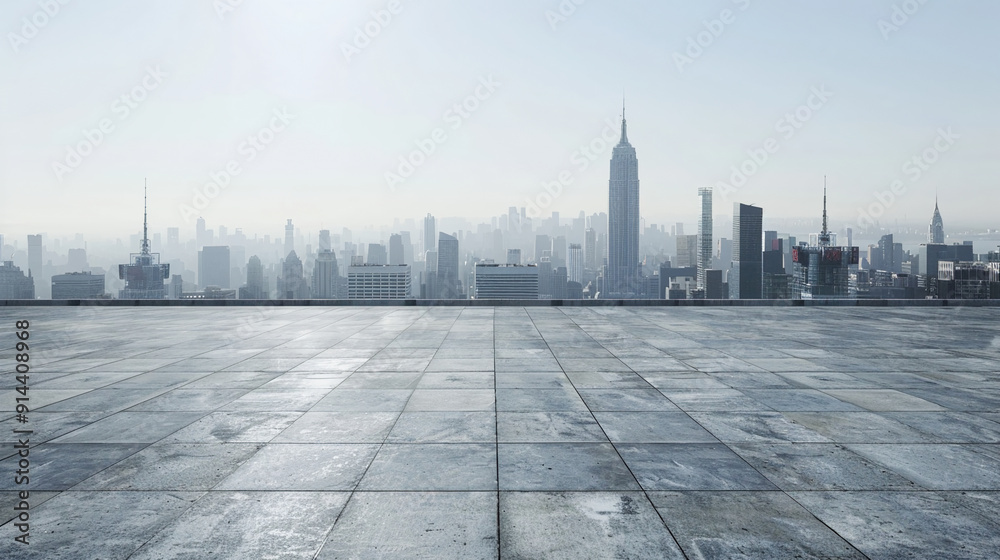 Obraz premium Empty cement floor with cityscape and skyline background
