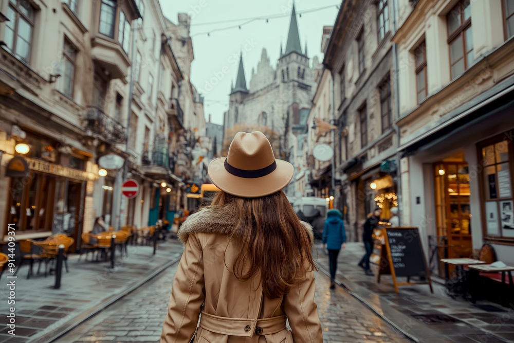 Woman exploring historic European street. Detailed depiction of a woman in a fedora looking at an old town's architecture. Ideal for travel, adventure, and cultural exploration themes Woman exploring historic European street. Detailed depiction of a woman in a fedora looking at an old town's architecture. Ideal for travel, adventure, and cultural exploration themes