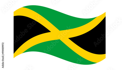 Wavy flag of Jamaica, isolated on transparent background. Vector illustration
