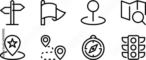 Set of thin line icons about navigation and location. Outline symbol collection. Editable vector stroke. Vector Illustration.