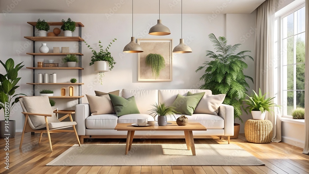A Serene Scandinavian Living Room with a Plush White Sofa and Warm Wood Accents  Generative AI