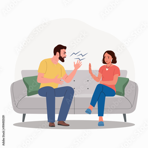 Angry man blaming, shouting at upset woman on the sofa. Flat style cartoon vector illustration.