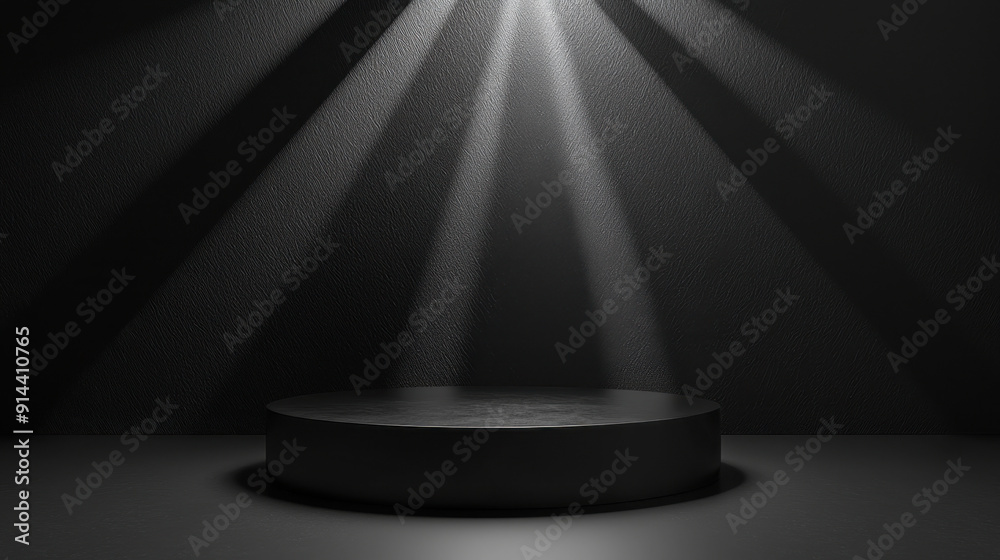 A sleek, dark podium highlighted by a dramatic multi-beam spotlight. The minimalist design creates a moody atmosphere, ideal for showcasing products with an air of mystery and sophistication. A sleek, dark podium highlighted by a dramatic multi-beam spotlight. The minimalist design creates a moody atmosphere, ideal for showcasing products with an air of mystery and sophistication.