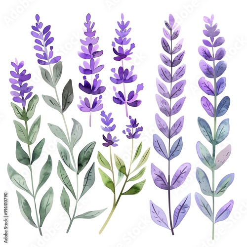 Watercolor lavender flowers and leaves, isolated on white background.
