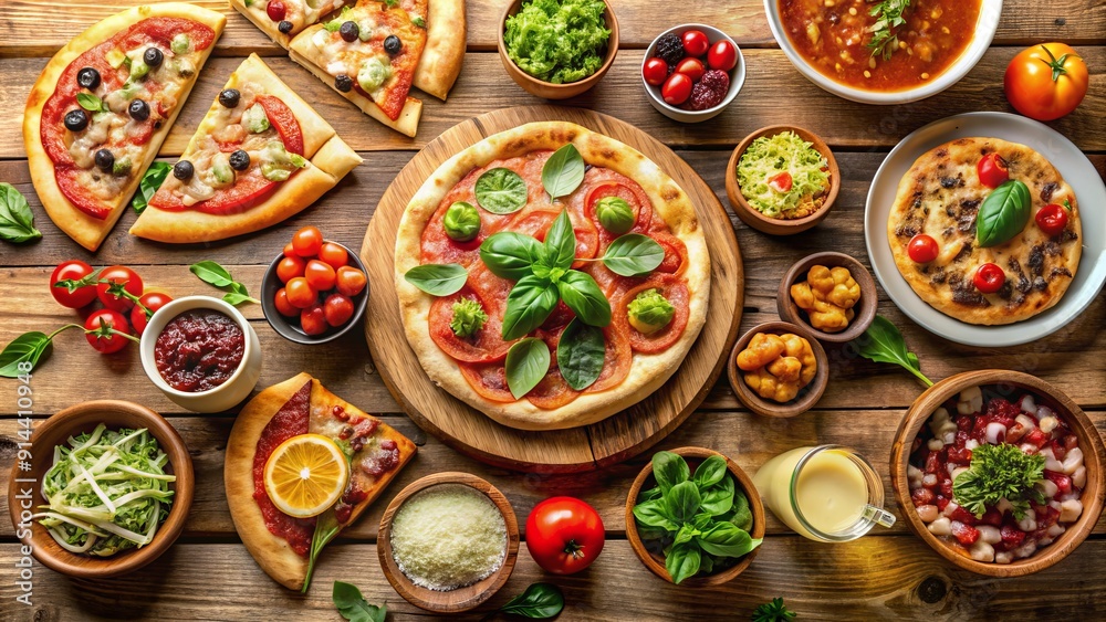 Flat Lay of Assorted Italian Dishes on Wooden Table, Pizza, Pasta, Salad, Tomato, Basil, Food Flat Lay of Assorted Italian Dishes on Wooden Table, Pizza, Pasta, Salad, Tomato, Basil, Food