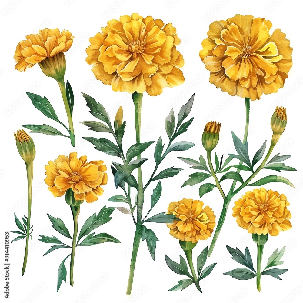 Watercolor painting of yellow marigold flowers and buds. Watercolor painting of yellow marigold flowers and buds.
