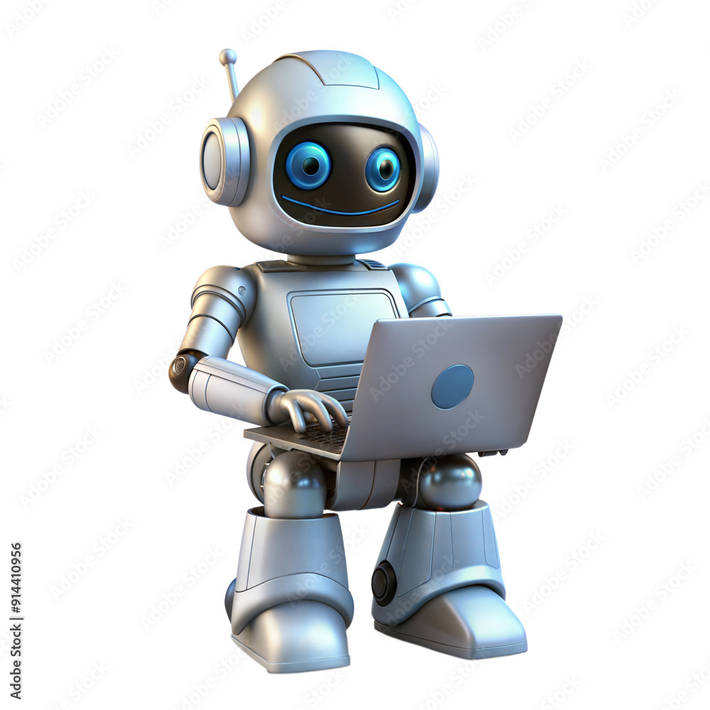 robot used laptop 3d illustration robot used laptop 3d illustration