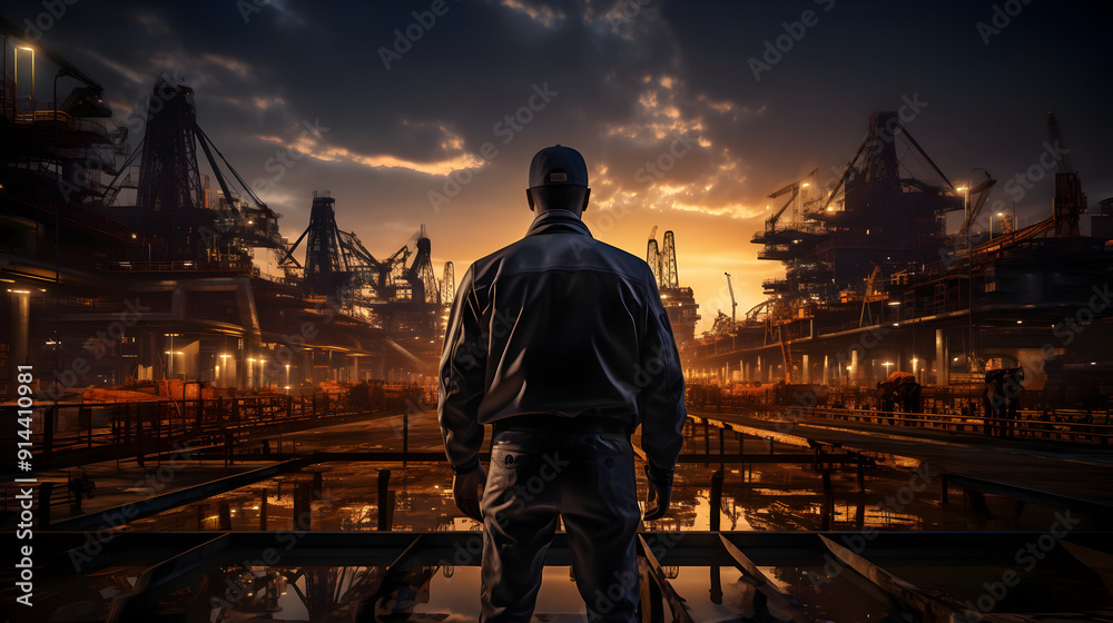 Silhouette of a worker standing against the backdrop of a vast industrial complex at sunset. Silhouette of a worker standing against the backdrop of a vast industrial complex at sunset.