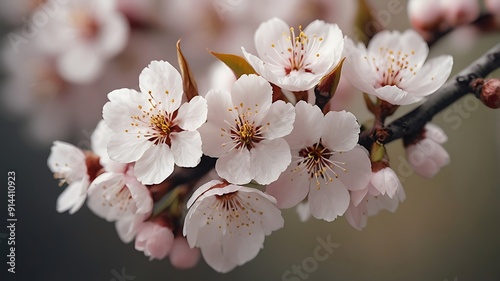 Closeup photograph of a branch of white cherry blossom