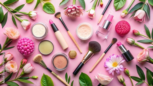 Floral Beauty Cosmetics Flat Lay, makeup , cosmetics, beauty , flowers photo