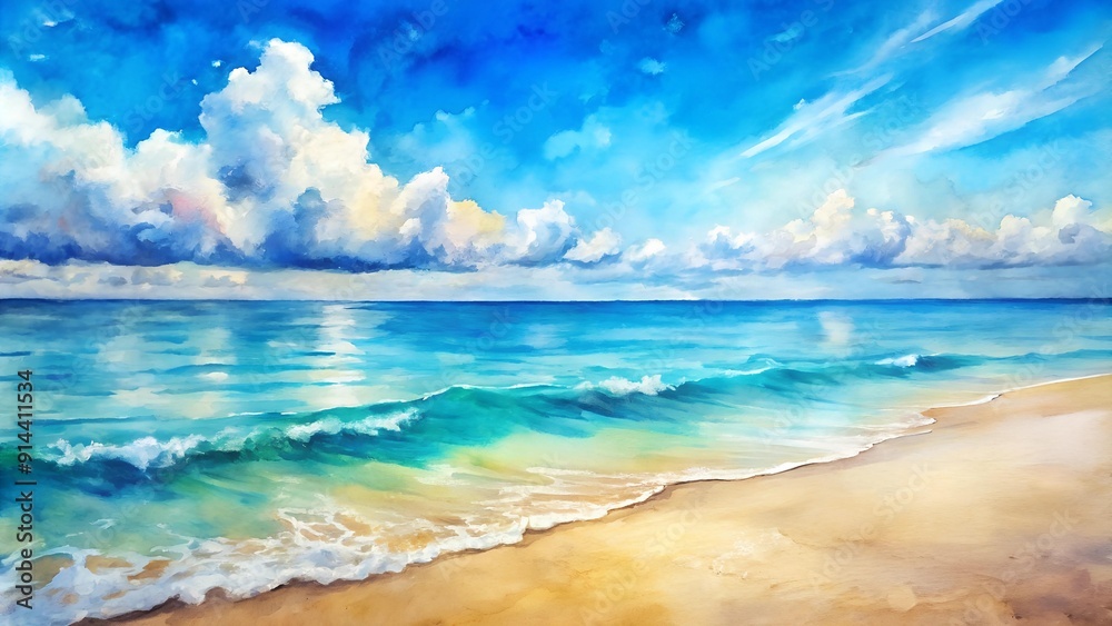 Obraz premium Azure Horizons: A Watercolor Symphony of Tranquility Generative AI