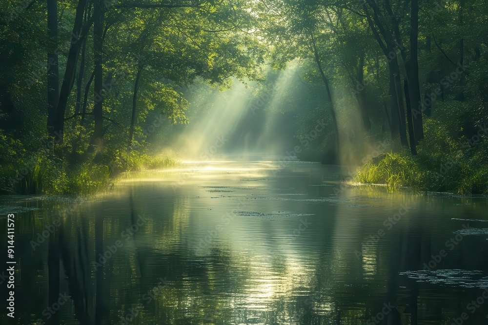 enchanting river winding through a lush misty forest soft morning light filters through the canopy creating a magical ethereal atmosphere enchanting river winding through a lush misty forest soft morning light filters through the canopy creating a magical ethereal atmosphere