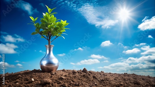 A Tiny Sprout's Hope: A Single Green Tree Emerging from a Pile of Earth Against a Vivid Blue Sky with a Sleek Silver   Generative AI