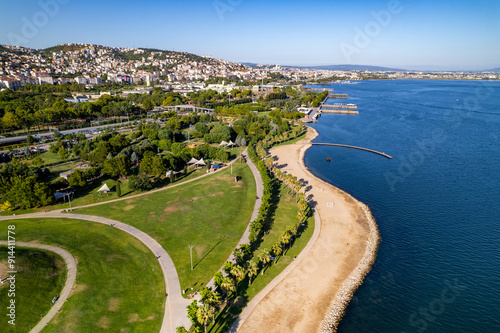 Seka Park in Izmit, Kocaeli. Beautiful natural park on seacoast. Seka Park is one of the most beautiful parks of Kocaeli, Turkey. Aerial view with drone. photo