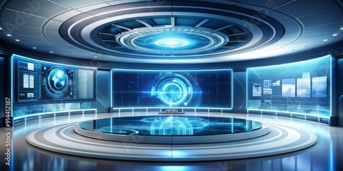 Futuristic Studio with Circular Platform and Blue Screens, Futuristic Interior, Sci-fi Design, Virtual Reality, Digital Display