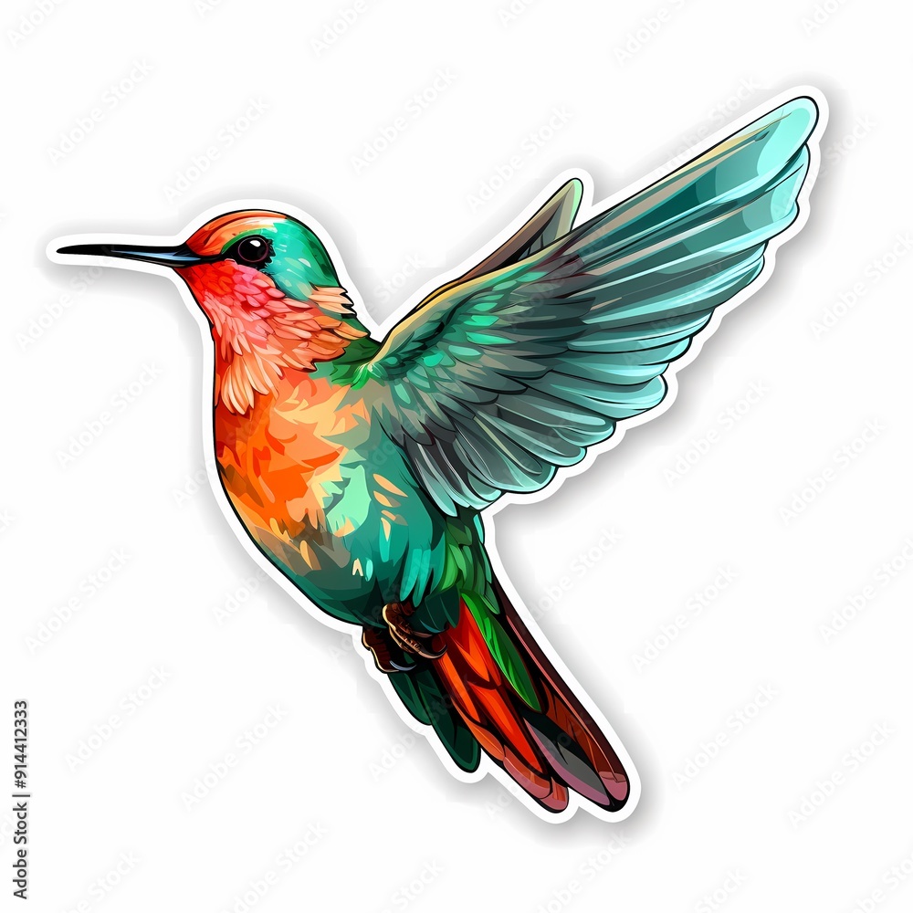 Obraz premium A vibrant and detailed illustration of a hummingbird in flight, capturing its lively and colorful nature.