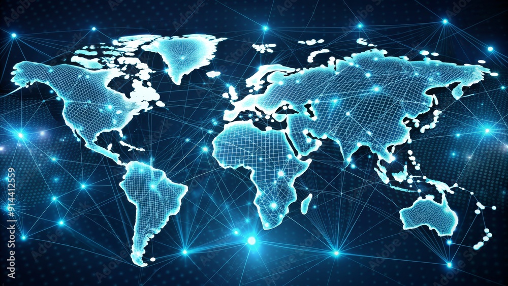 Global Network Connection Wireframe World Map with Bright Blue Lines and Glowing Nodes, network, connection, global, digital Global Network Connection Wireframe World Map with Bright Blue Lines and Glowing Nodes, network, connection, global, digital