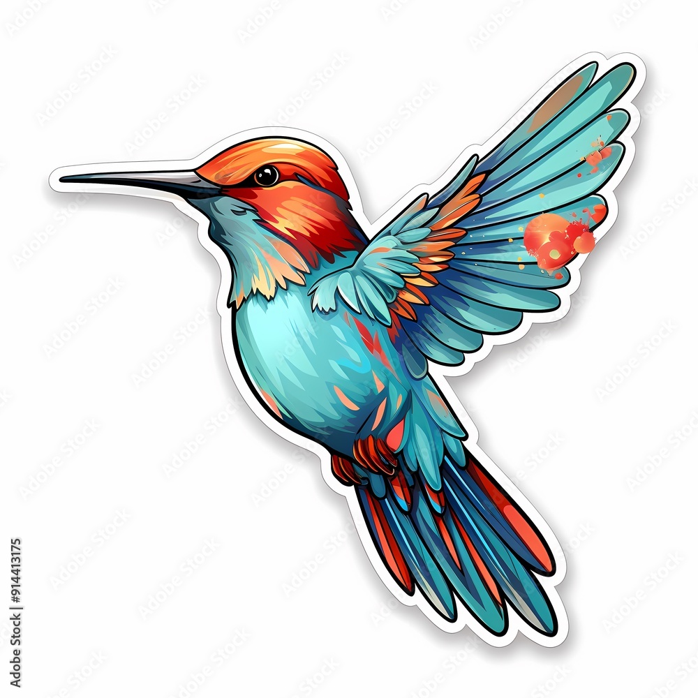 Obraz premium A vibrant and detailed illustration of a hummingbird in flight, capturing its lively and colorful nature.