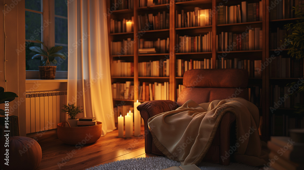 Cozy Autumn Room Interior with Chair, Blanket, and Books, Perfect for Relaxation