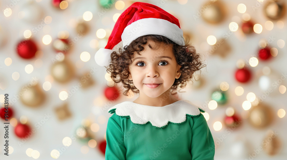 Smiling Child in Christmas Outfit with Santa Hat. Festive Cheer and Joyful Expression in a Dreamy Holiday Setting with Beautiful Ornaments