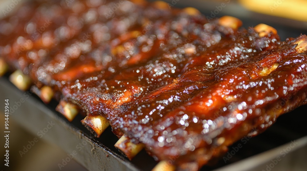 Tender barbecued ribs coated with a rich glaze are sizzling on a grill, filling the air with a smoky aroma during a warm summer evening. Tender barbecued ribs coated with a rich glaze are sizzling on a grill, filling the air with a smoky aroma during a warm summer evening.