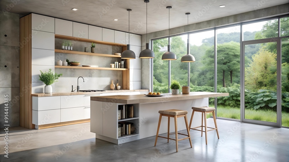 Fototapeta premium Minimalist Modern Kitchen with a Sleek Concrete Island Generative AI