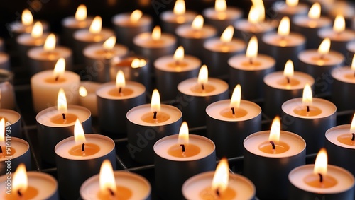 Candle light in the church,Close-up of lit tea light candles in temple and numerous small cylindrical candles