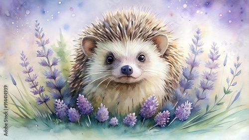 Watercolor Hedgehog Among Blooming Lavender  AI generated photo