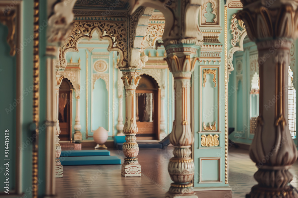 Fototapeta premium Ornate Interior of Historic Palace with Intricate Carvings and Soft Pastel Colors