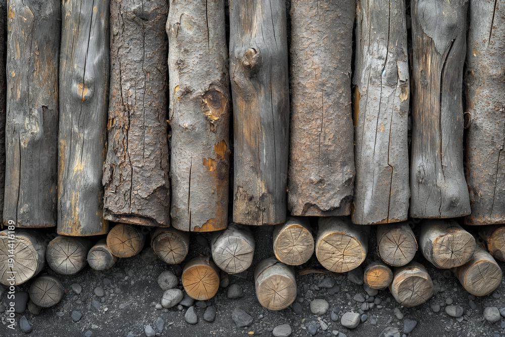 Rustic Wooden Logs Arranged Horizontally on Gravel Surface for Construction or Craft Rustic Wooden Logs Arranged Horizontally on Gravel Surface for Construction or Craft