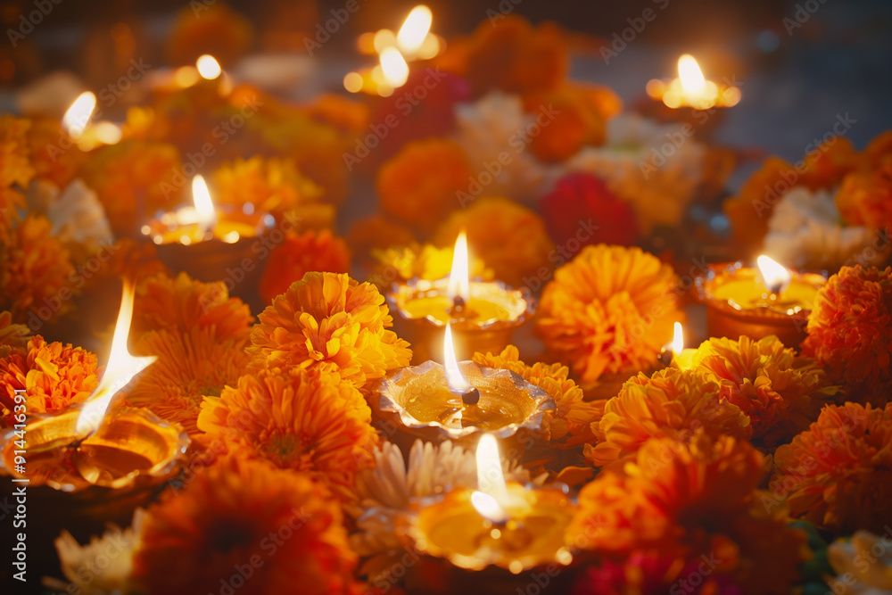 Glowing Diwali Lamps Amidst Vibrant Marigold Flowers Celebrating Festival of Lights