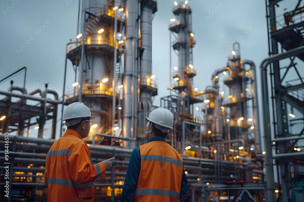 Two workers in safety gear discuss work in front of an industrial plant. Two workers in safety gear discuss work in front of an industrial plant.