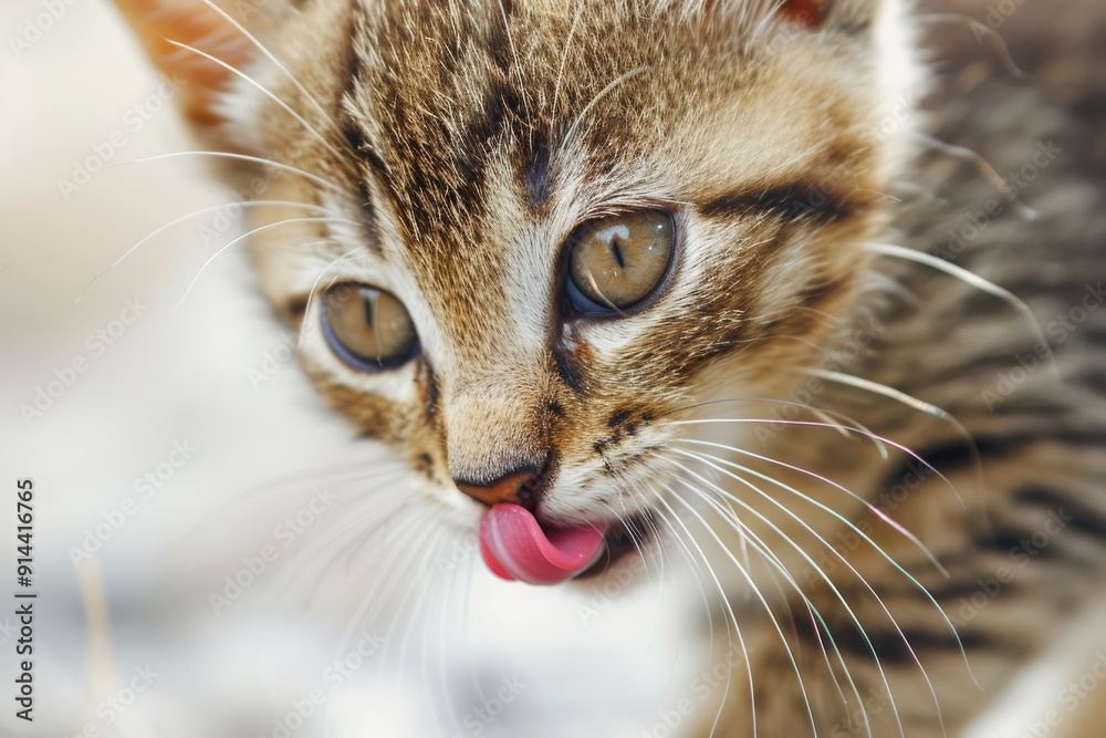 photograph of Hungry kitten cat eating and licking ita lips with tongue. photograph of Hungry kitten cat eating and licking ita lips with tongue.
