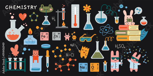 Chemistry lesson at school. Laboratory equipment, Test tube, chemical lab stuff and cute characters on black chalkboard. Education concept. Trendy modern vector illustration, hand drawn, flat