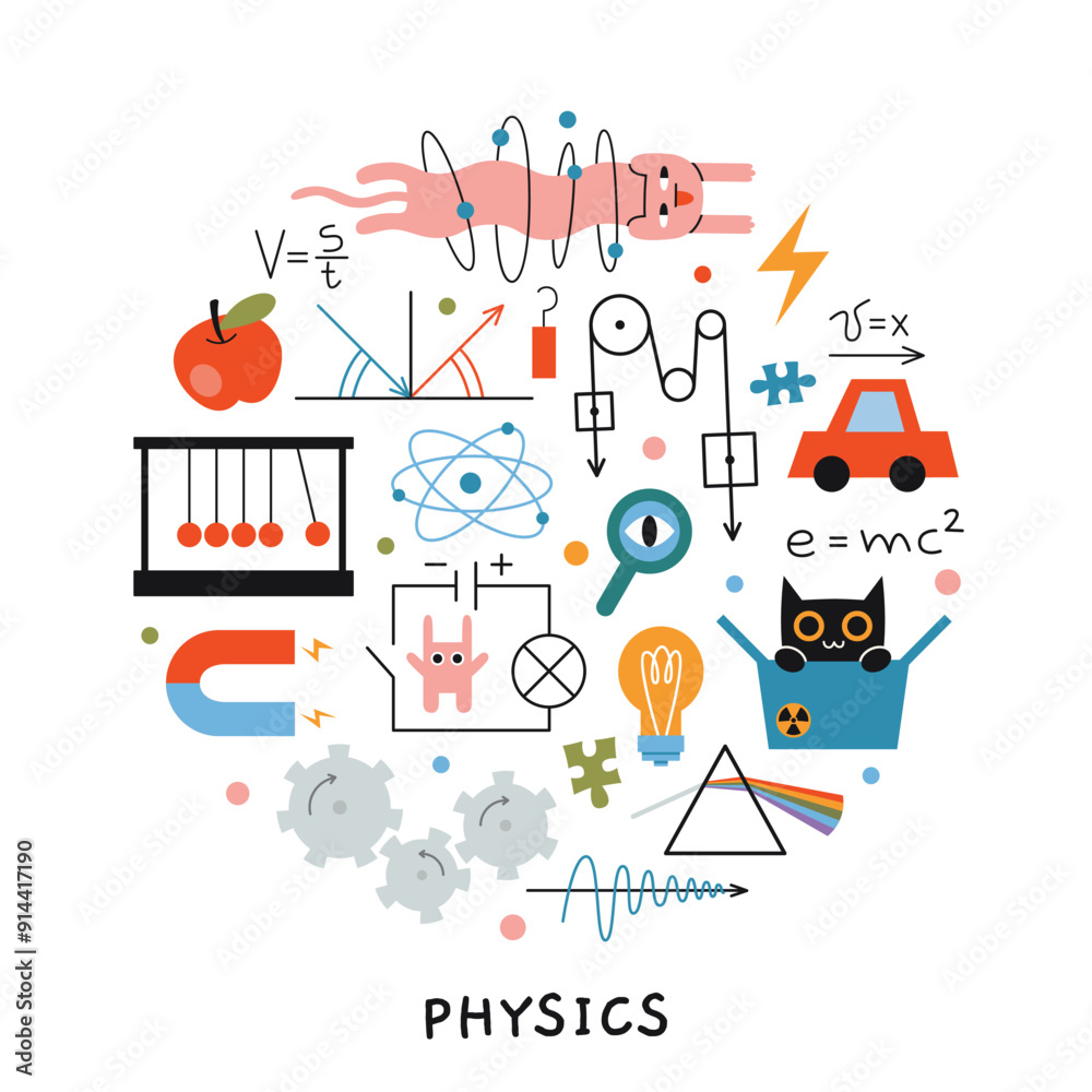 Physics lesson at school. Round composition with Physics formulas, drawings, equipment for classes and cute characters. Education concept. Vector illustration isolated on white, hand drawn, flat