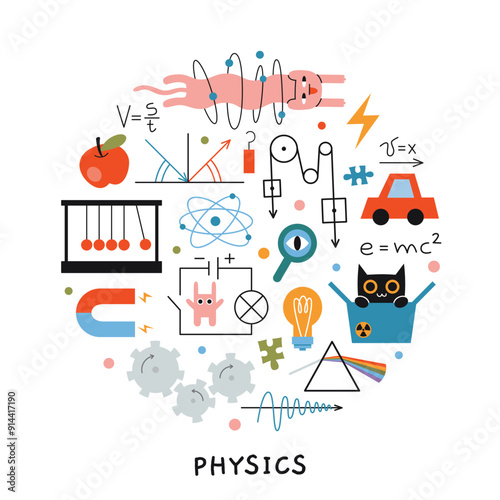 Physics lesson at school. Round composition with Physics formulas, drawings, equipment for classes and cute characters. Education concept. Vector illustration isolated on white, hand drawn, flat