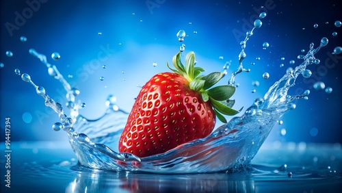 A Symphony of Red and Blue: Water Splashing on a Strawberry  generative AI photo