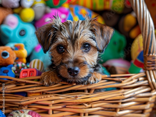 Adorable puppy sitting in a wicker basket surrounded by colorful toys, showcasing a playful and cute scene.