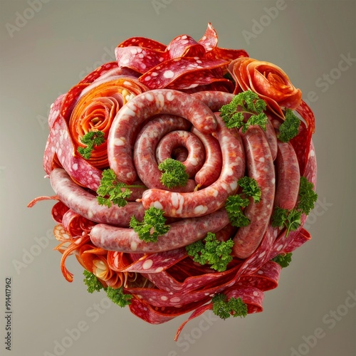 Creative meat bouquet made of various sliced meats and sausages, garnished with fresh greens. An artistic and unique concept perfect for food photography and culinary presentations. AI photo