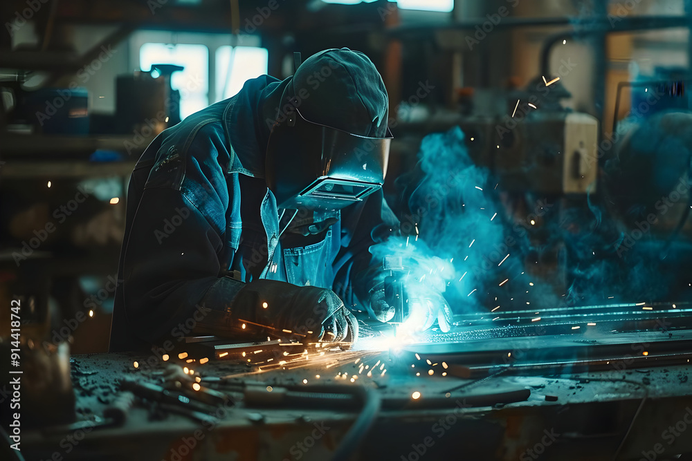 Welder in protective gear working on metal with sparks and smoke. Welder in protective gear working on metal with sparks and smoke.