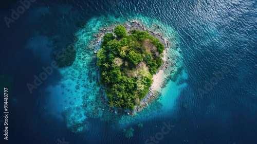 Aerial view of a small tropical island in the middle of the ocean.
